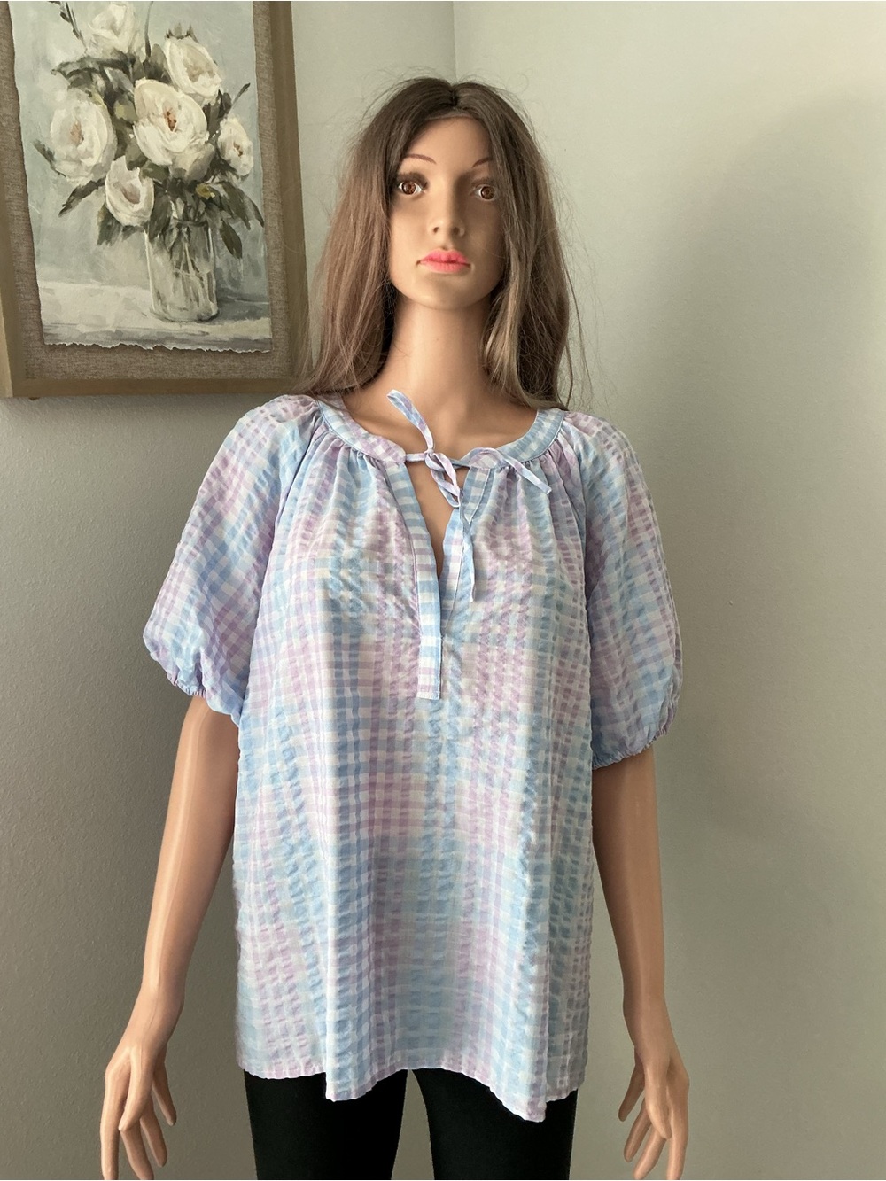 LOFT Pastel Check Peasant Top - Blue & Lavender